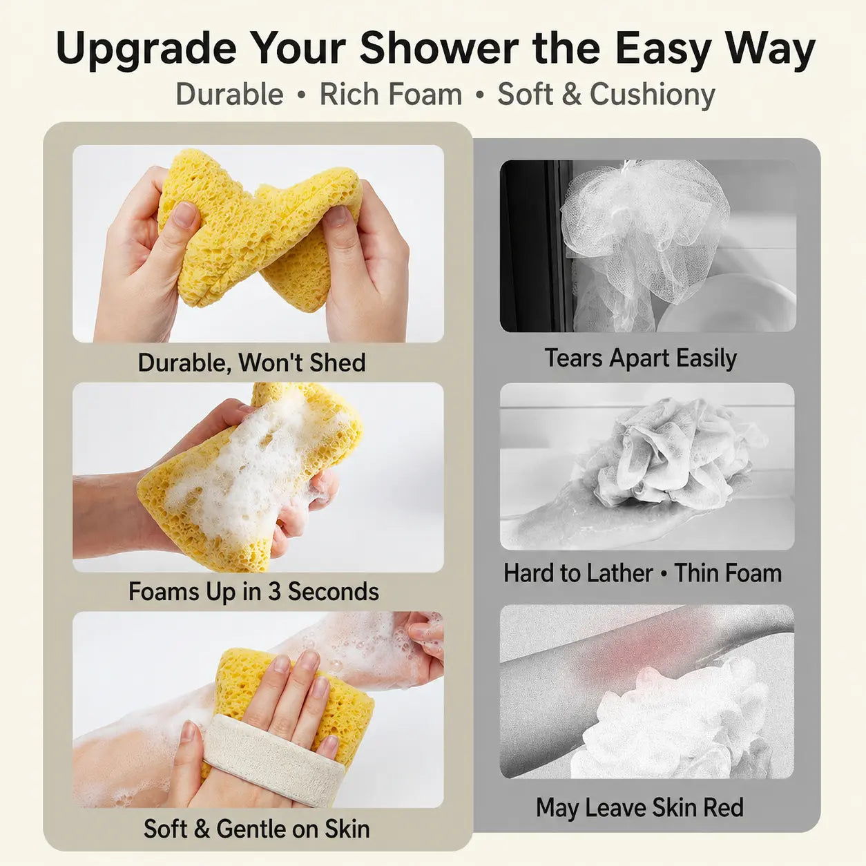 Soft Bath Sponge with Soap Pocket, Quick Foaming Shower Scrub Sponge for Smooth Skin & Daily Body Cleaning