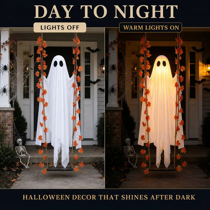 LED Light-Up Swinging Ghost Halloween Decoration with Maple Leaf Garland & Remote Control