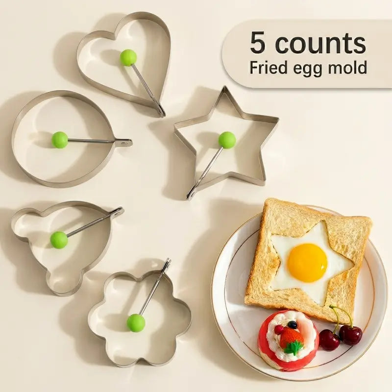 Stainless Steel Fried Egg Mold Rings 5-Piece Set with Anti-Scald Handle