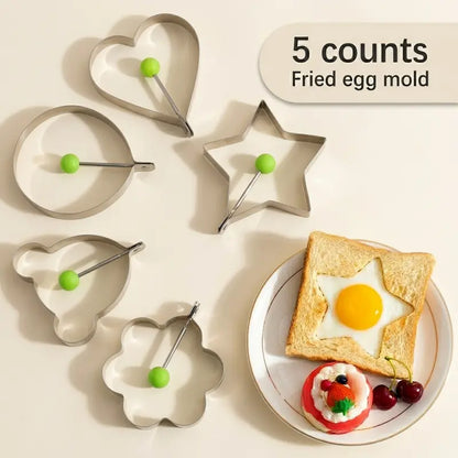 Stainless Steel Fried Egg Mold Rings 5-Piece Set with Anti-Scald Handle
