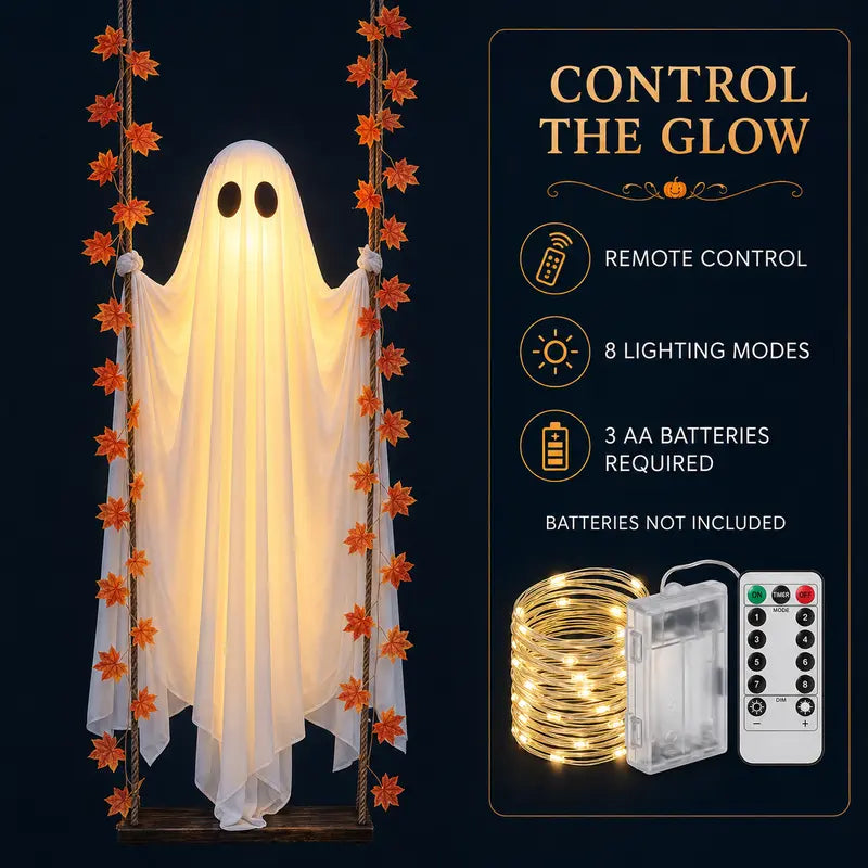 LED Light-Up Swinging Ghost Halloween Decoration with Maple Leaf Garland & Remote Control