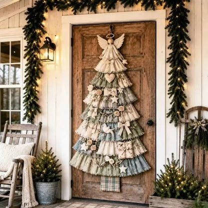 DIY Fabric Christmas Tree Door Hanging Kit - Layered Patchwork Holiday Wall Decor for Front Door, Porch & Home