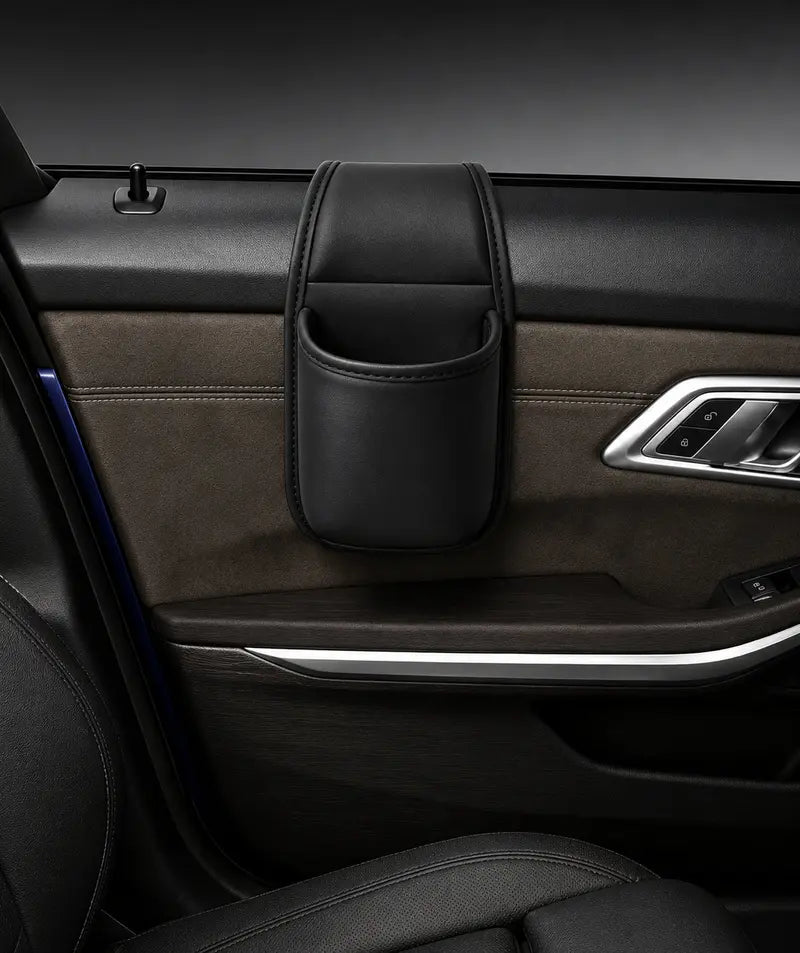 Leather Car Door Storage Pocket - Double-Layer Organizer with Flannel Lining & Residue-Free Adhesive for Sedans, SUVs & Trucks