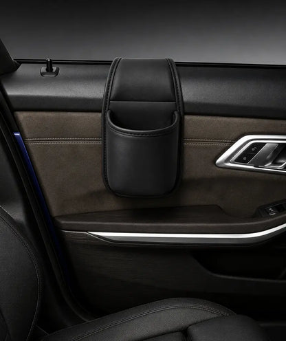 Leather Car Door Storage Pocket - Double-Layer Organizer with Flannel Lining & Residue-Free Adhesive for Sedans, SUVs & Trucks