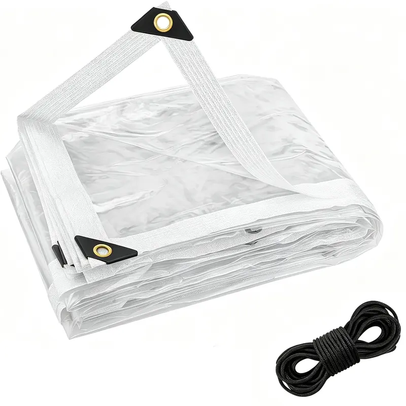Folded clear tarp with corner grommet and included rope