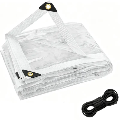 Folded clear tarp with corner grommet and included rope
