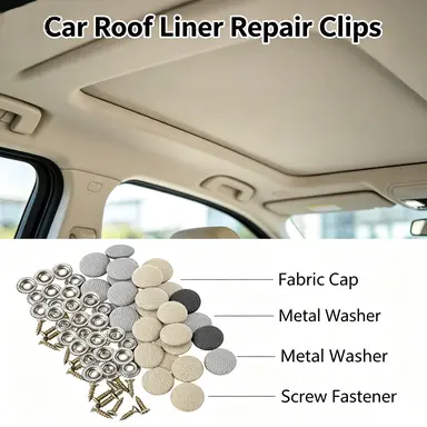 Headliner repair kit components beside a car interior ceiling