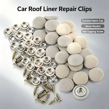 Close-up of gray fabric-covered headliner buttons, metal washers and screws