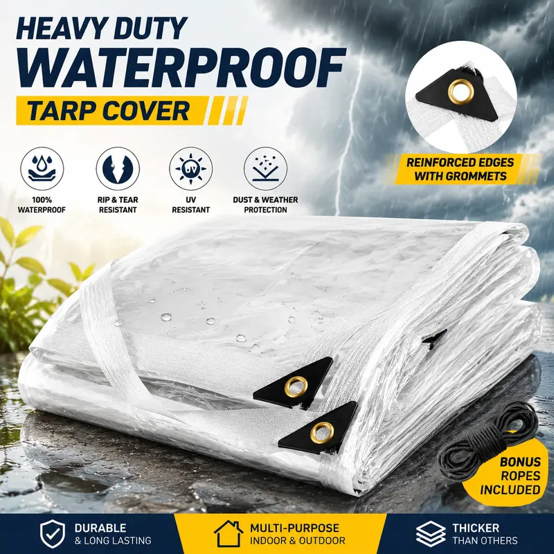 Folded clear waterproof tarp with reinforced grommets and rope