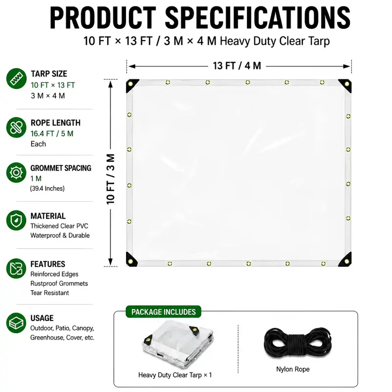 Tarp specifications showing 10 x 13 ft size and grommet spacing